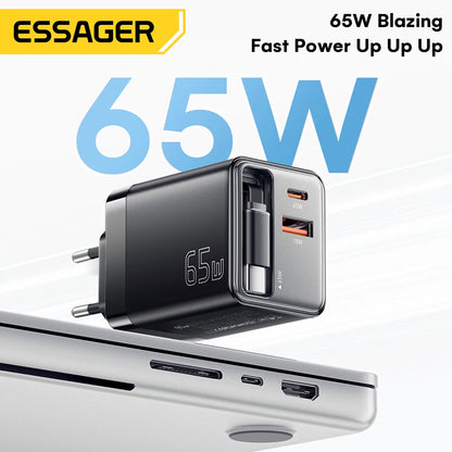 Essager 65W GaN Fast Charger – Retractable USB-C Cable PD Charging Adapter for Laptops, MacBook, iPhone 16/15/14, and Xiaomi Devices