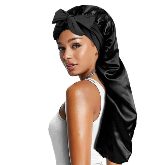 Upgrade Your Sleep: New Long Oversized Elastic Satin Bonnet Sleeping Cap with Ribbon - Breathable Turban Sleep Headwear for Women