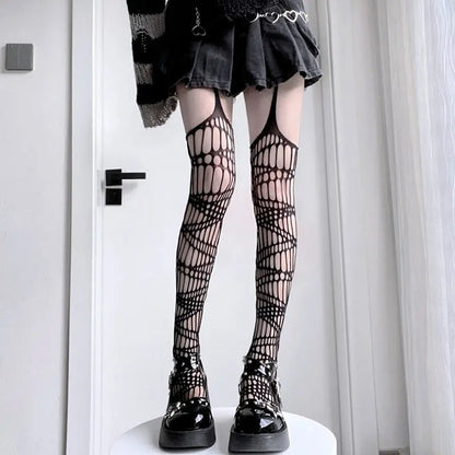 Women’s Gothic Bat Fishnet Stockings - Harajuku Emo Mesh Thigh High Tights with Sexy Alternative Lingerie Style