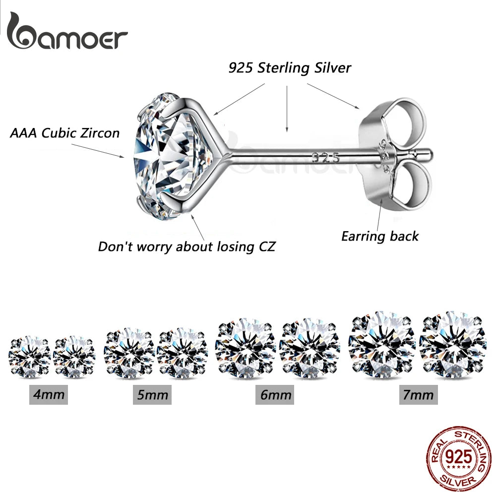 Bamoer 925 Sterling Silver CZ Stud Earrings – Platinum Plated Round Cubic Zirconia Barbell, Hypoallergenic, 4-7mm