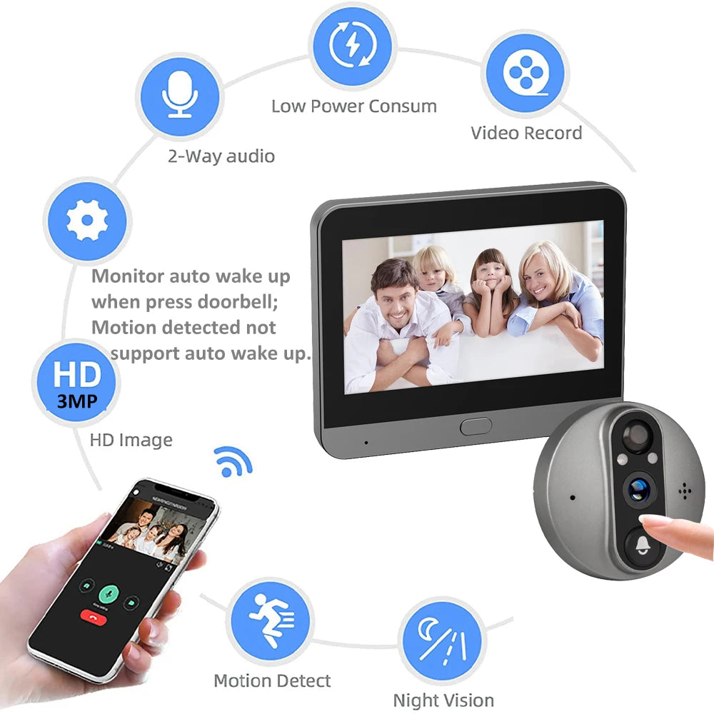3MP Smart Life Tuya WiFi Doorbell — 1080P Peephole Camera, 5000mAh Battery, PIR Motion Sensor, IR, Alexa & Google Compatible