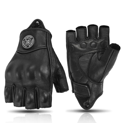 MJMOTO Retro Leather Motorcycle Half Finger Gloves – Touchscreen Motocross Gloves with Hard Shell Protection, Breathable Design