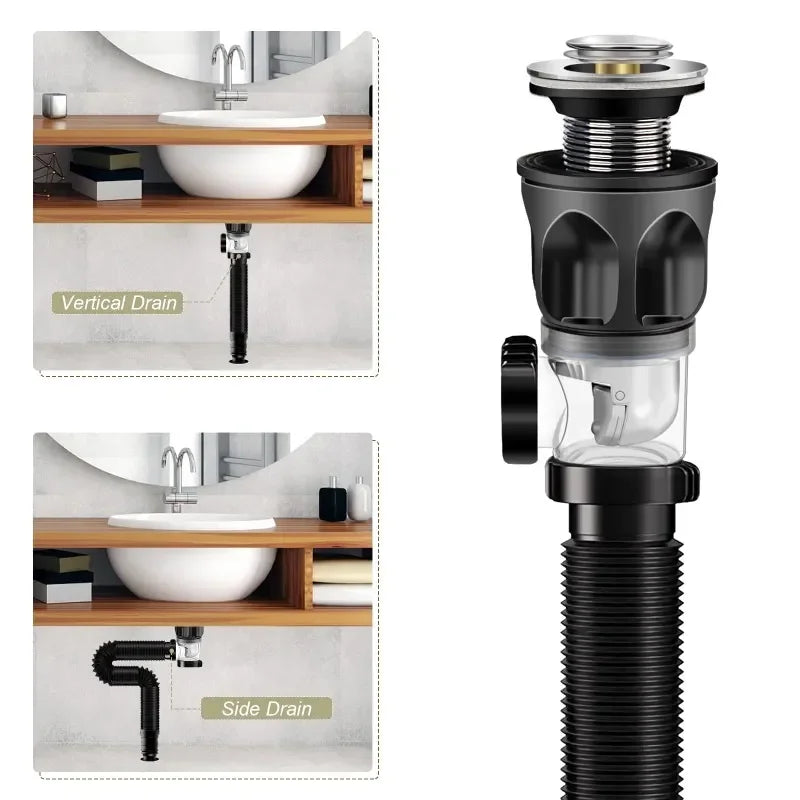 Flip-Top Kitchen Sink Drain with Retractable Deodorizing Filter - Anti-Clogging Flexible Downspout Bathroom Sink Accessory