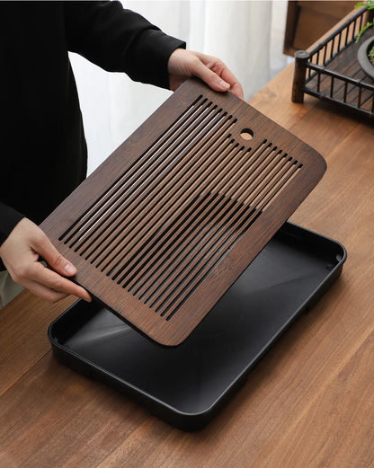 Square Bamboo Tea Tray with Drainage — Elegant Kung Fu Tea Set Tablett for Adults, Simple Chaban Tray for Tea Parties