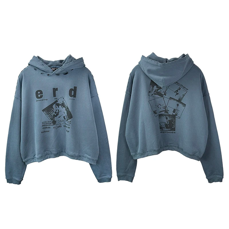 2025SS Ripped E.R.D. Hoodie – Men & Women Slogan Print Short Wide Sweatshirt