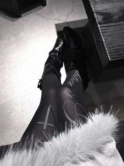 Y2K Letter Print Pantyhose - Black Punk Gothic Lolita Style Tights for Women