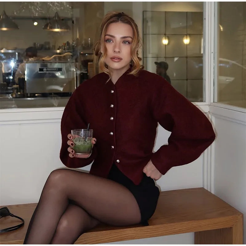 2025 Women's Burgundy Red O-Neck Woolen Coat – Casual Single-Breasted, Long Sleeve Short Jacket for Spring