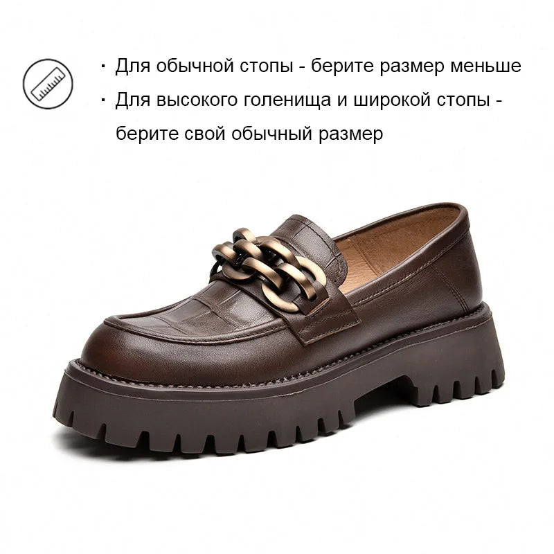 BeauToday Women’s Chunky Loafers – Genuine Leather Platform Slip-On Flats with Round Toe and Metal Chain, Handmade 27748