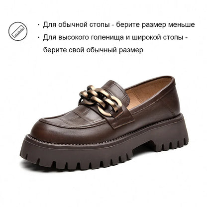 BeauToday Women’s Chunky Loafers – Genuine Leather Platform Slip-On Flats with Round Toe and Metal Chain, Handmade 27748