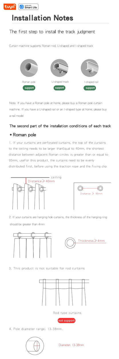 Tuya Smart Curtain Robot – Roman Rod Track with APP Control, Single/Double, Compatible with Tuya Gateway for Remote Control