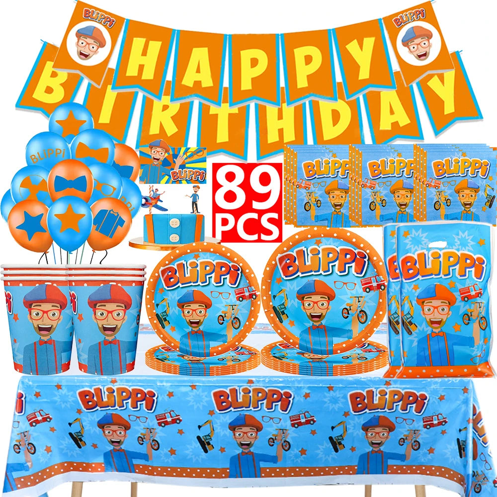 Happy Birthday Party Supplies Set — Cartoon Movie Theme Flag Banner, Paper Tableware, Latex Balloons & Cake Topper Decoration