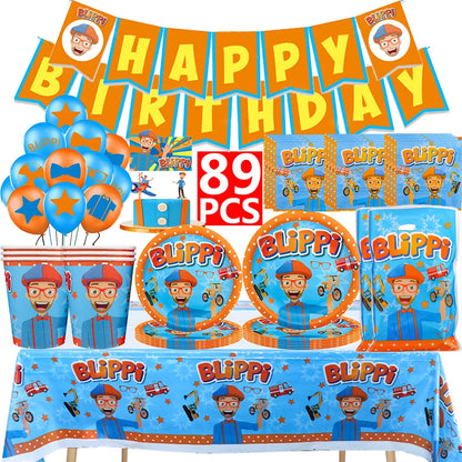 Happy Birthday Party Supplies Set — Cartoon Movie Theme Flag Banner, Paper Tableware, Latex Balloons & Cake Topper Decoration