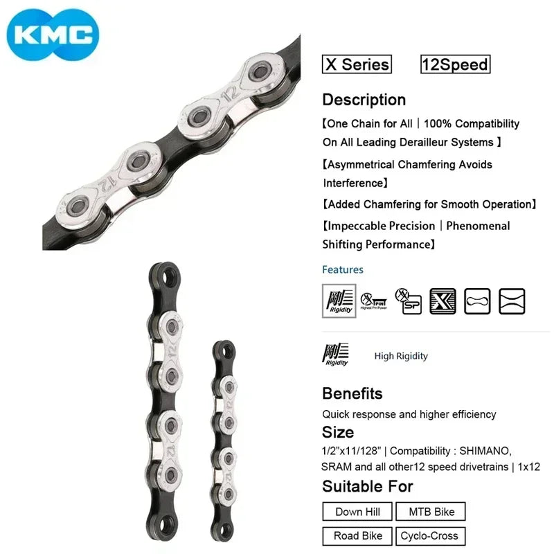 KMC X8 X9 X10 X11 X12 Bicycle Chain – 8v, 9v, 10v, 11v, 12v, 118L/126L, Road/MTB Chain with Quick-Link for SHIMANO SRAM Crankset