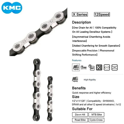 KMC X8 X9 X10 X11 X12 Bicycle Chain – 8v, 9v, 10v, 11v, 12v, 118L/126L, Road/MTB Chain with Quick-Link for SHIMANO SRAM Crankset