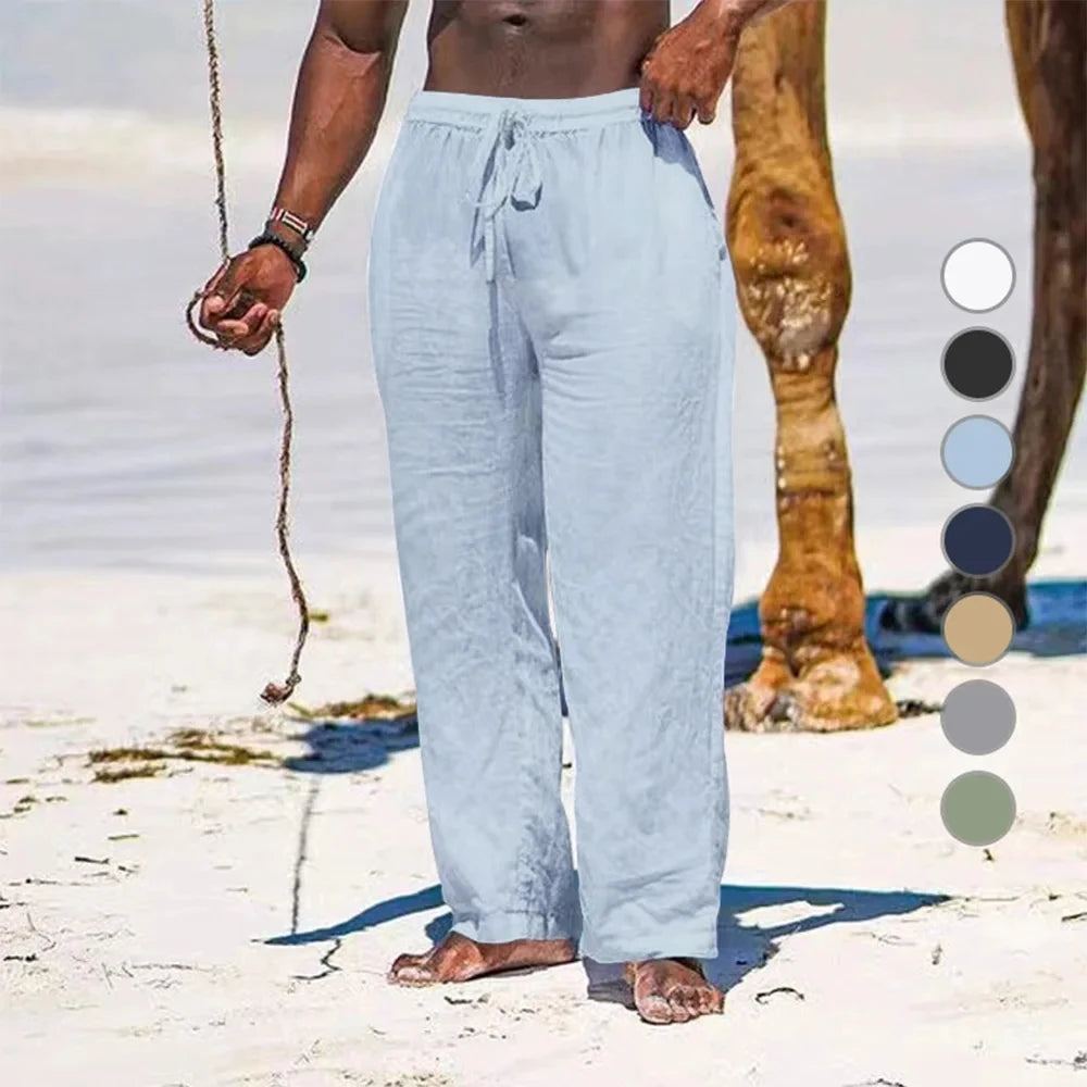 Men's Cotton Linen Pants — Loose, Lightweight Casual Streetwear with Elastic Waist, Large-Size Long Trousers