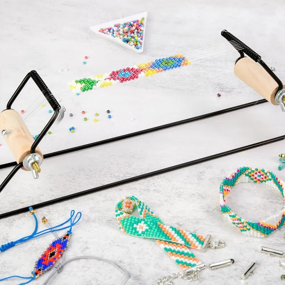 Easy-to-Use Beading Loom DIY Tool | Weaving with Elastic Band Charm | Czech Glass Beads Needle Included | Bracelet & Necklace Jewelry Making Kit