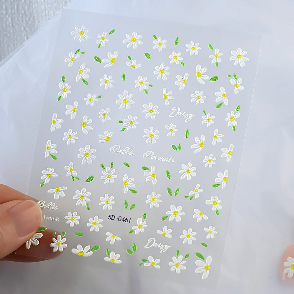 5D Daisy Nail Art Stickers - White Flower & Green Leaf Embossed Decals for DIY Spring Summer Nail Decoration