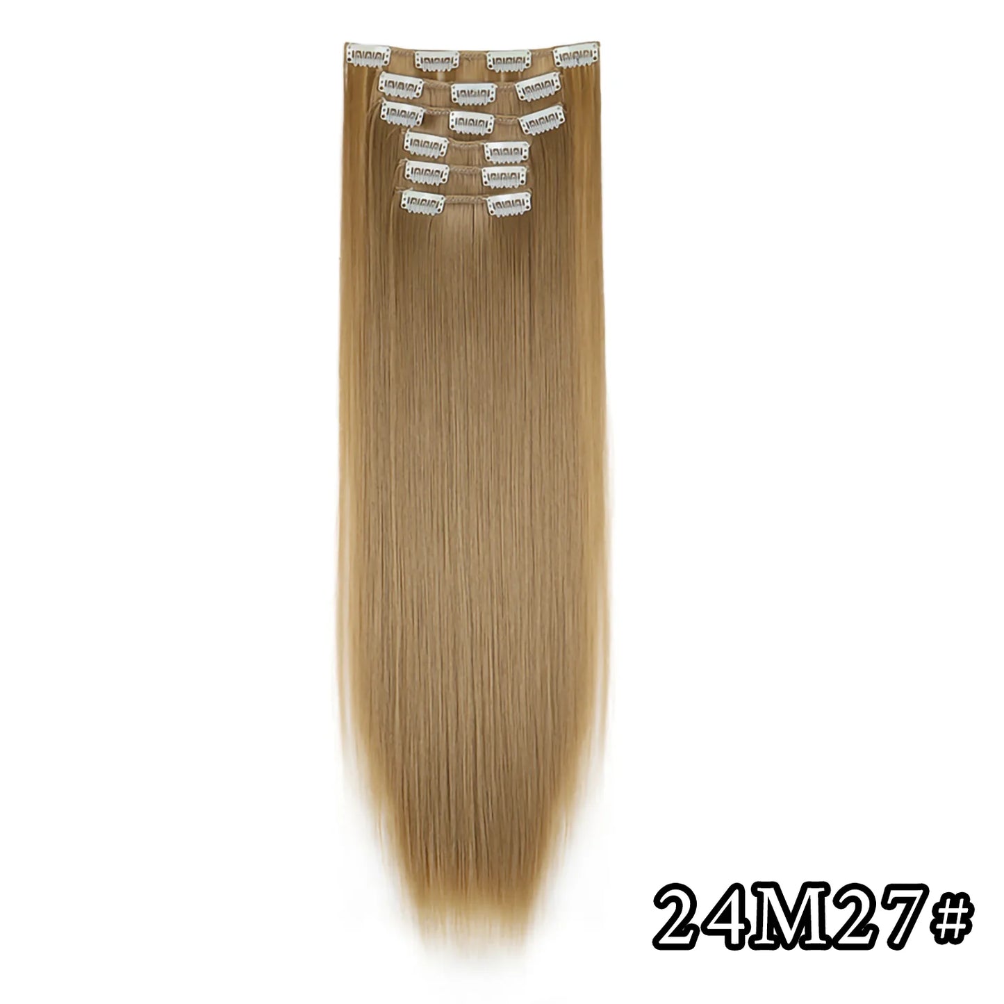 24-Inch 16 Clips-in Hair Extensions – Long Straight Synthetic Blonde & Black Hairpieces, Heat Resistant for Daily Use