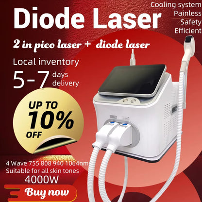 2-in-1 808nm Diode Laser Hair Removal & Picosecond Tattoo Machine – Portable 4000W Q-Switched Device