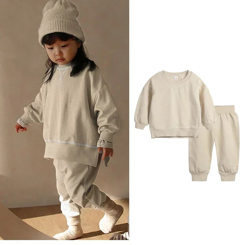 2PCS Kids Clothes Set for 1-7Y - Solid Cotton Pullover Sweatshirt & Pants, Long Sleeve Autumn Outfits for Boys & Girls