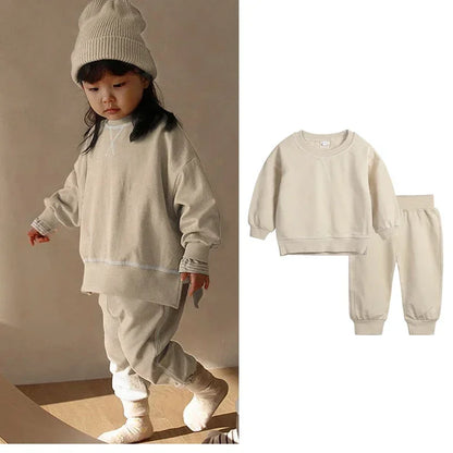 2PCS Kids Clothes Set for 1-7Y - Solid Cotton Pullover Sweatshirt & Pants, Long Sleeve Autumn Outfits for Boys & Girls