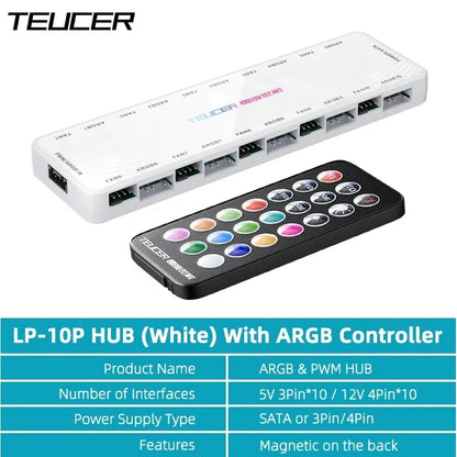 TEUCER LP-10 ARGB/PWM Fan Hub - 2-in-1 PC Fan Controller & ARGB Lighting Adapter