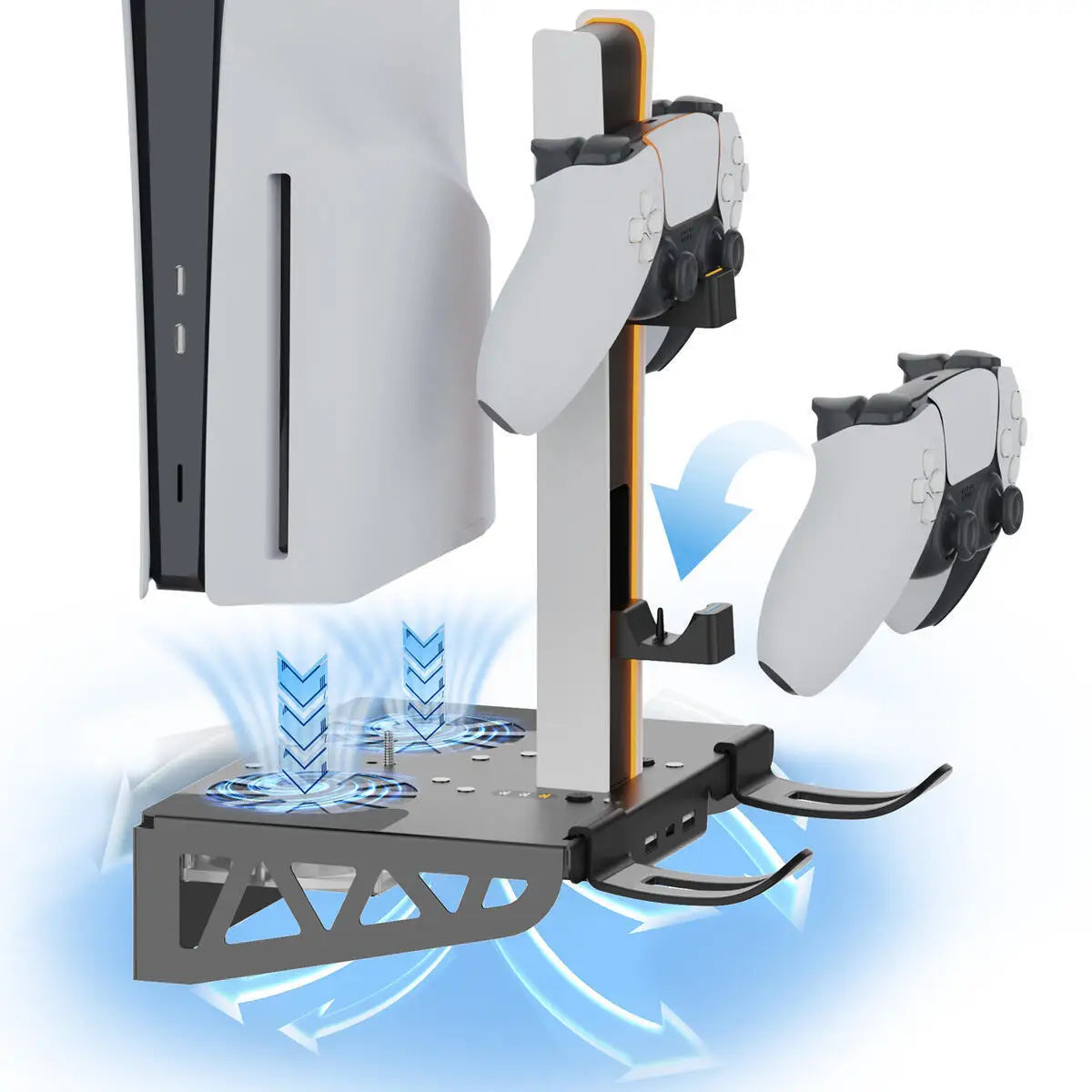 PS5 Wall Mount Metal Kit – For PS5/PS5 Slim/PS5 Pro with Controller Charging Station, Cooling Fan & Headset Holder Storage Rack