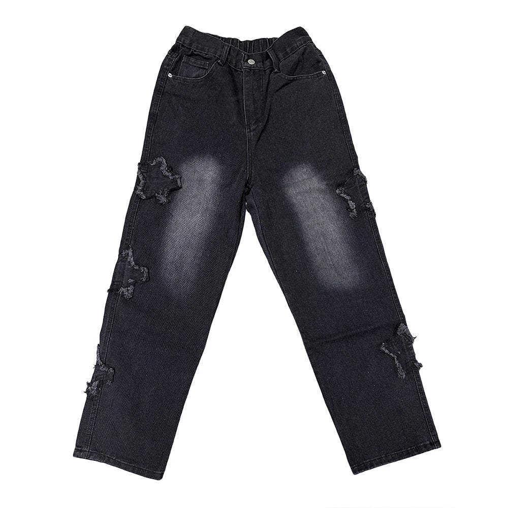 Stars Patchwork Men’s Jeans — Y2K Tassel Straight Hip Hop Streetwear Pants, Korean Fashion Trousers
