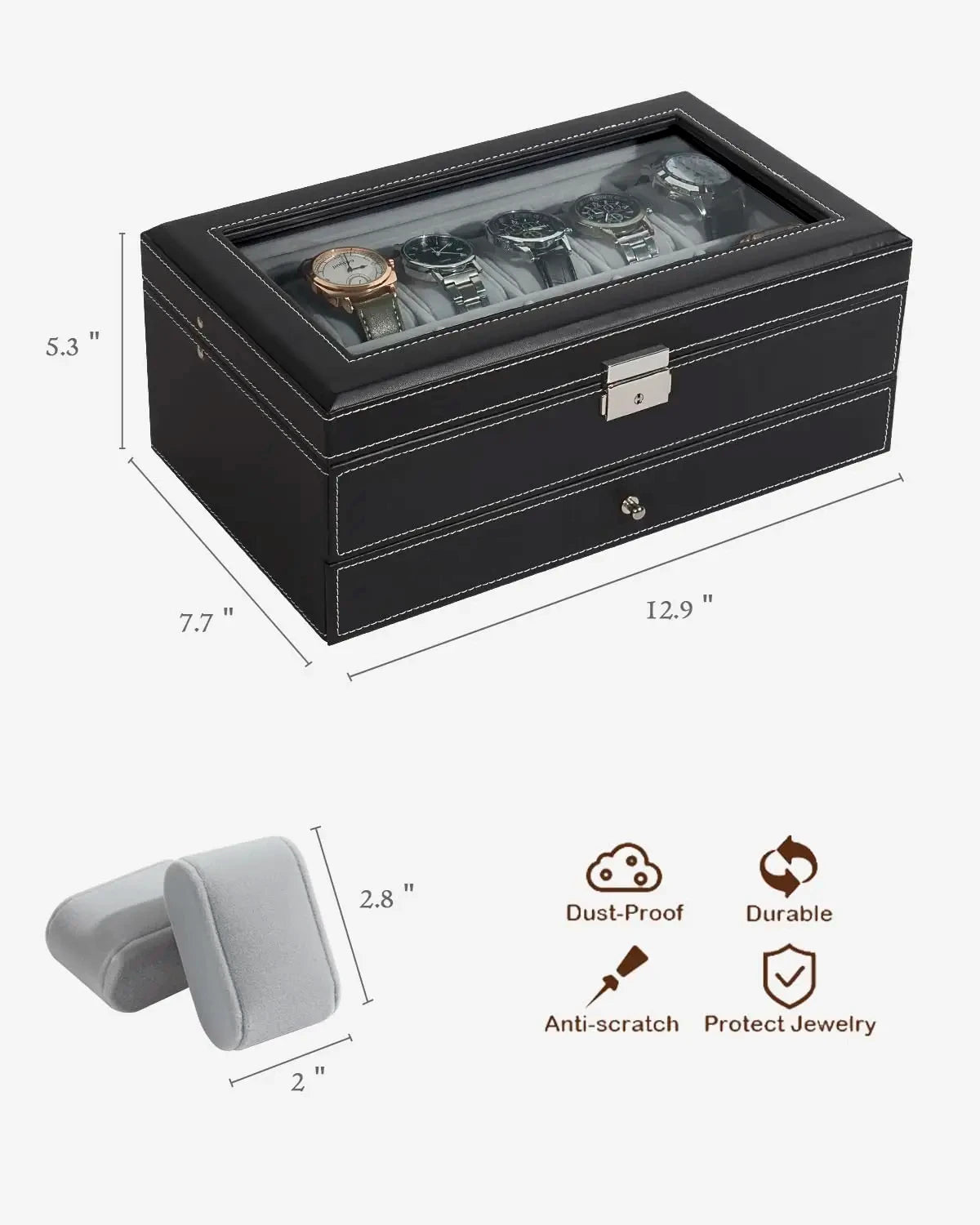 2024 12-Slot Leather Watch Storage Box — Lockable 2-Tier Organizer & Jewelry Display Drawer for Men & Women