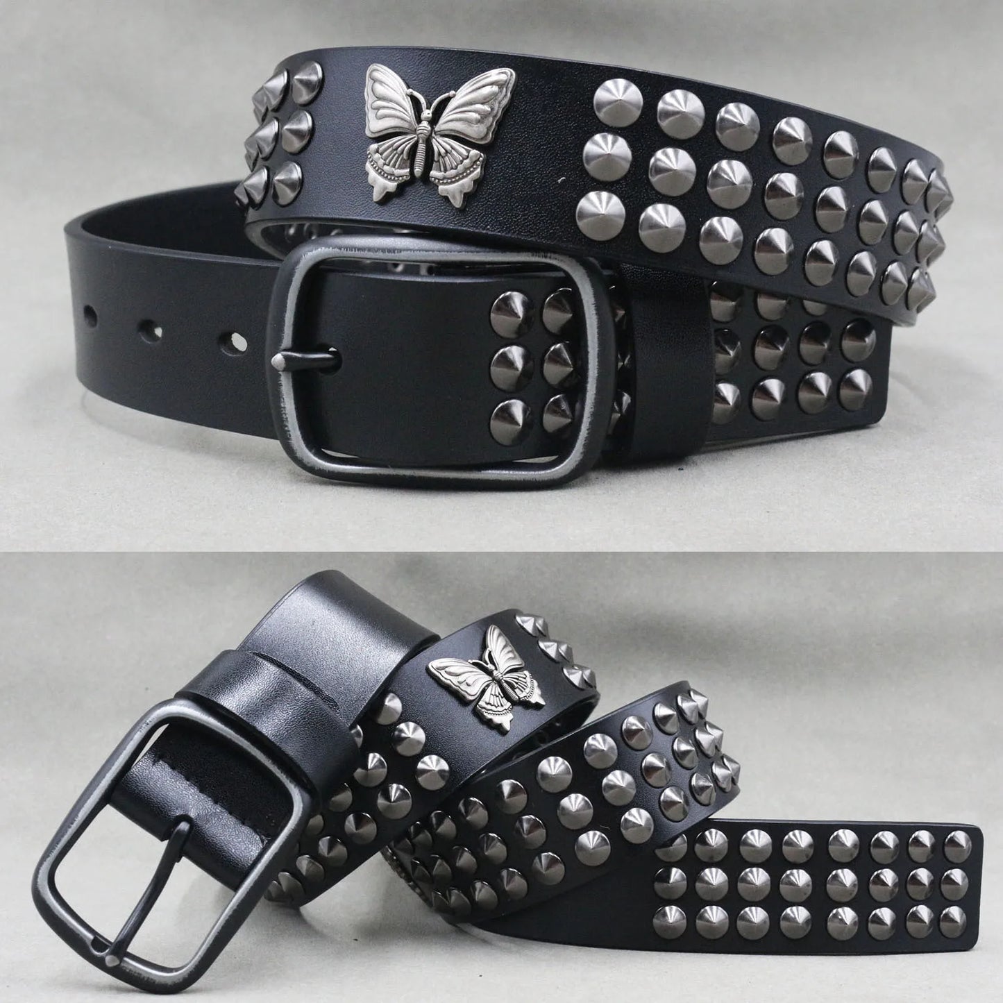 Men’s Designer Rivet Belt – Genuine Cowhide Leather Punk Rock Pin Belt for Jeans, Luxury Black Leather Belt