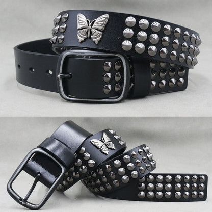 Men’s Designer Rivet Belt – Genuine Cowhide Leather Punk Rock Pin Belt for Jeans, Luxury Black Leather Belt