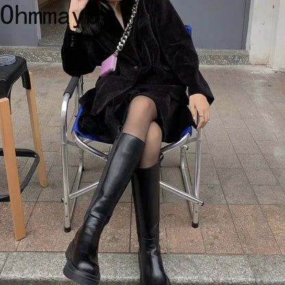 Platform Women's Knight Long Boots – Fashionable Warm Fur Knee-High Booties with Square Heels for Autumn & Winter