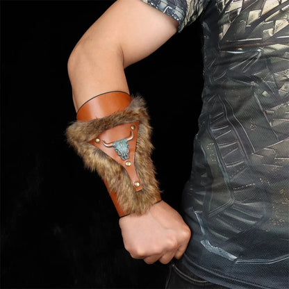 Medieval PU Leather Armor Arm Warmers – Fur Trim Bracer, Lace-Up Viking Knight Gauntlet Wristband Cosplay Props