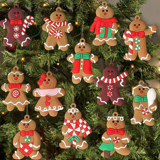12PCS Gingerbread Man Christmas Ornaments – Assorted Plastic Hanging Decorations for Christmas Tree
