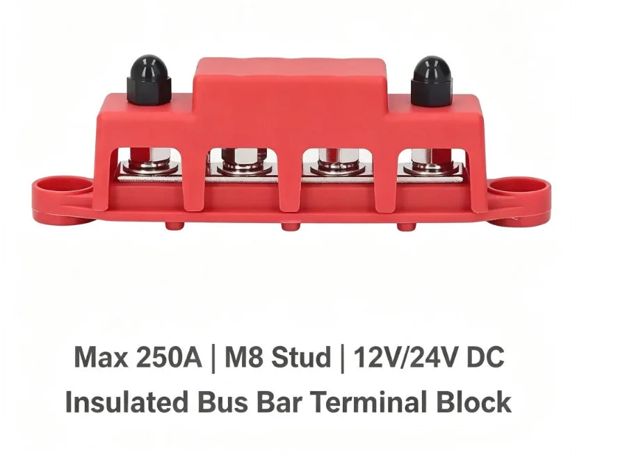 M8 Stud Bus Bar Power Distribution Block - 250A DC 12V/24V Terminal Block with Insulated Cover for RV, Boat and Camper Van