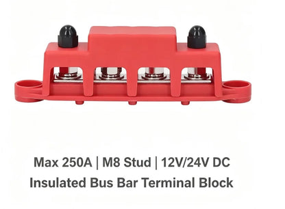 M8 Stud Bus Bar Power Distribution Block - 250A DC 12V/24V Terminal Block with Insulated Cover for RV, Boat and Camper Van