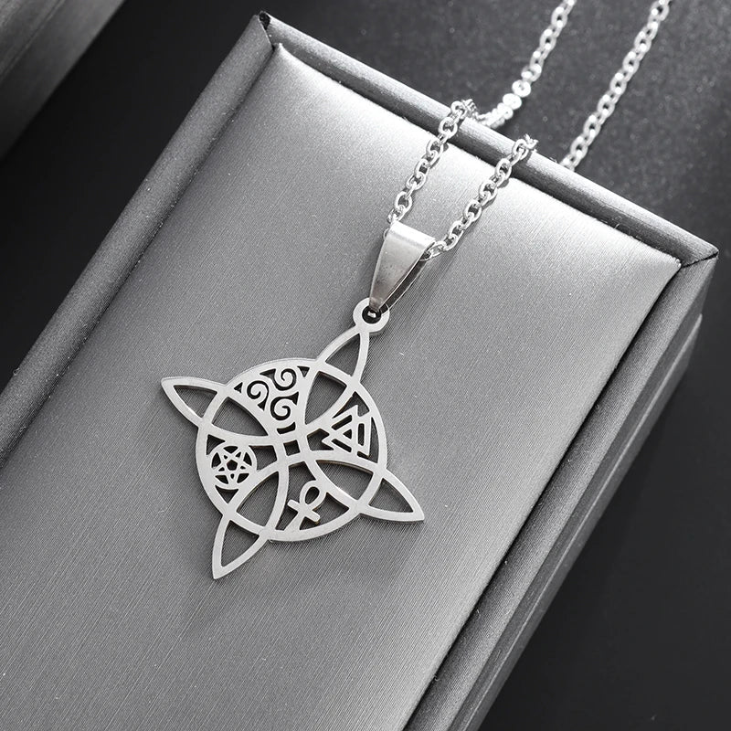 Witchcraft Witch Knot Necklace - Irish Trinity Knot Triple Spiral Pendant, Stainless Steel Ankh Cross Pentagram Amulet Jewelry
