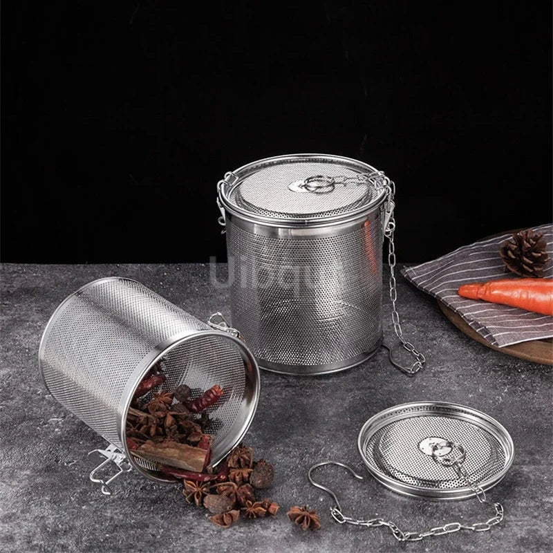 304 Stainless Steel Round Hole Seasoning Bag — Spice, Gravy & Soup Strainer Basket for Brine, Hot Pot, and Slag Separation