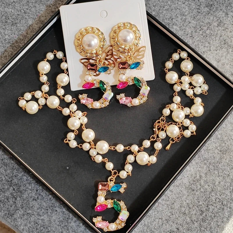 Big Statement Dangle Crystal Earrings & Necklace Set – 5-Digit Butterfly Drop Jewelry for Ladies