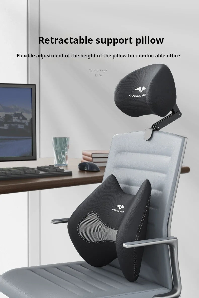New Office Chair with Adjustable Headrest – Ergonomic Retractable Pillow & Waist Protection Cushion for Comfortable Rest