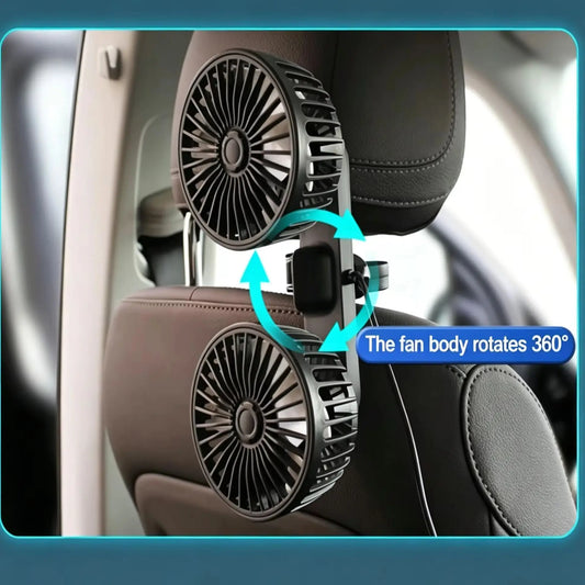 3-Speed Dual Head Car Seat Back Cooling Fan – USB Rechargeable 360° Rotation Neck Cooler for Summer Car Accessories
