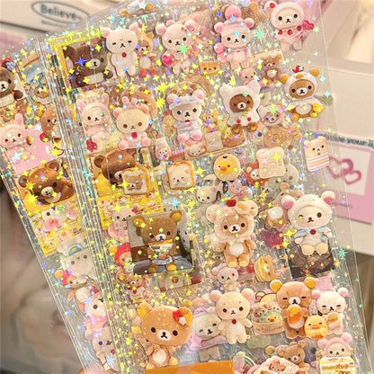 5pcs Hello Kitty Rilakkuma Cartoon Die-Cut Stickers, Cute Kitty Cat Flashing Laser Stickers, Anime Handbooks Material Stickers