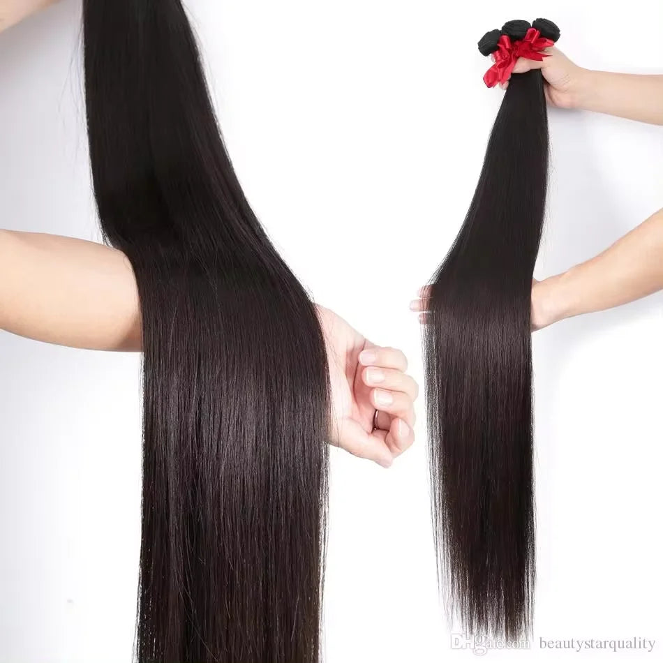 Queenlike Straight Human Hair Bundles With Lace Closure - Brazilian Weave 30 40 Inch 5x5 6x6 13x4 Frontal Hair Extensions