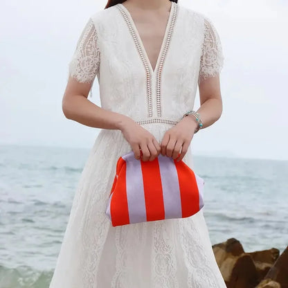 Summer Woven Crochet Clutch Bag – Women’s Cute Ruched Cloud Handbag, Casual Colorblock Purse