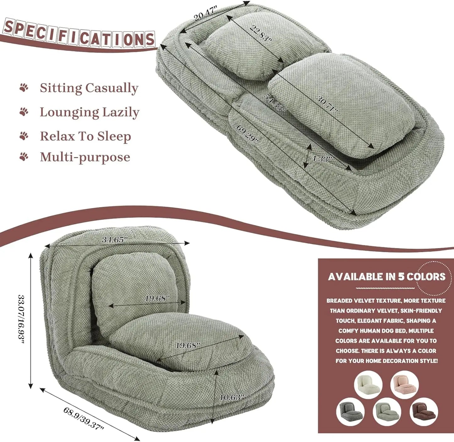 Bean Bag Chair – Convertible Sofa Bed for Adults & Pets, 5 Adjustable Positions, Lounge Chair for Bedroom & Living Room
