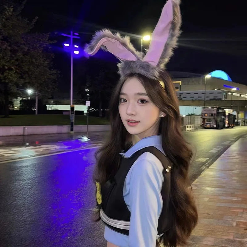 Cosplay Rabbit Police Ear Headband - Cute Plush Bunny Ears Dress-Up Hair Accessory