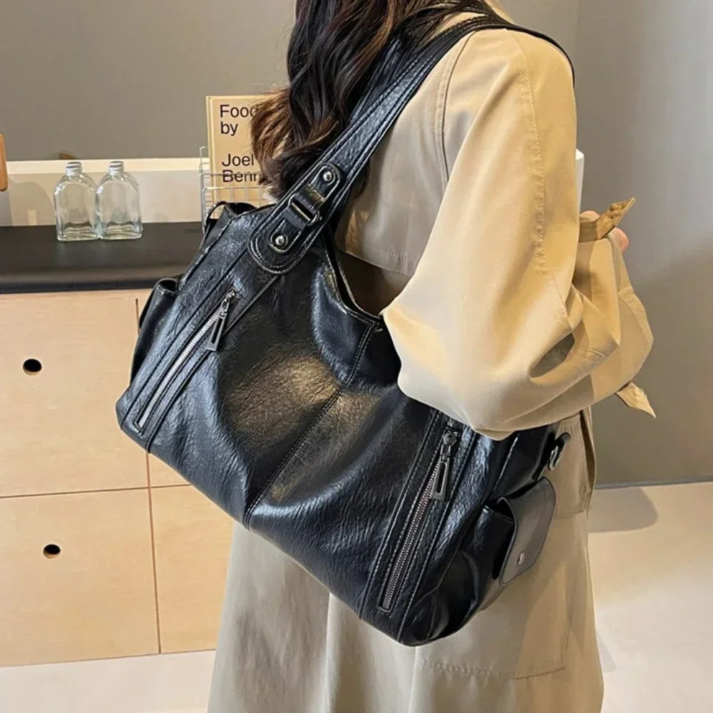 Women's PU Handbag - Soft Interior Compartment Shoulder Bag with Zipper & Contrasting Color Design