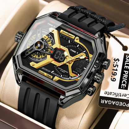 POEDAGAR Men's Luxury LED Wristwatch – Electronic Quartz Watch with Calendar, Week Display, Luminous Hands, and Silicone Strap