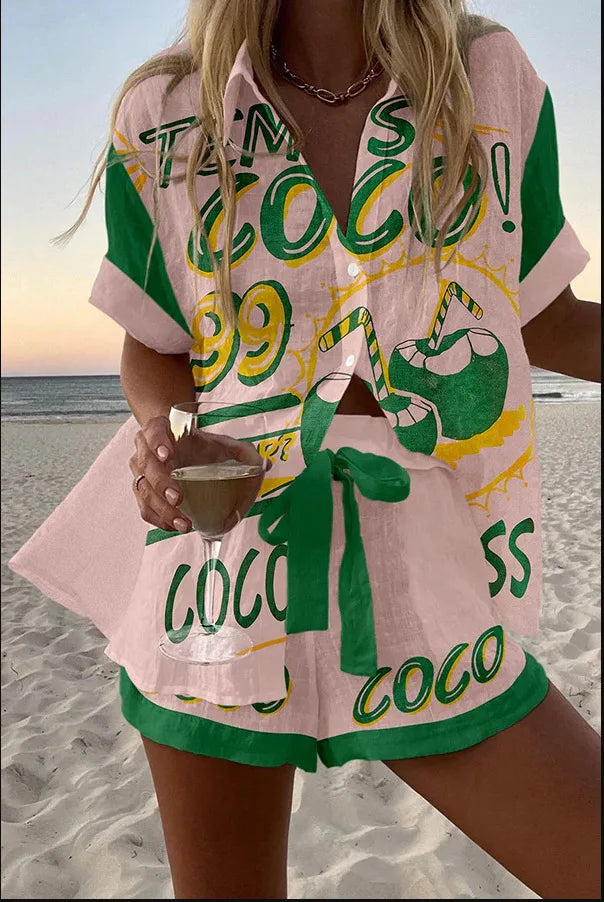 Women’s Summer 2-Piece Set – Lapel Short-Sleeve Shirt & Shorts, Elegant Loose Printed Outfit