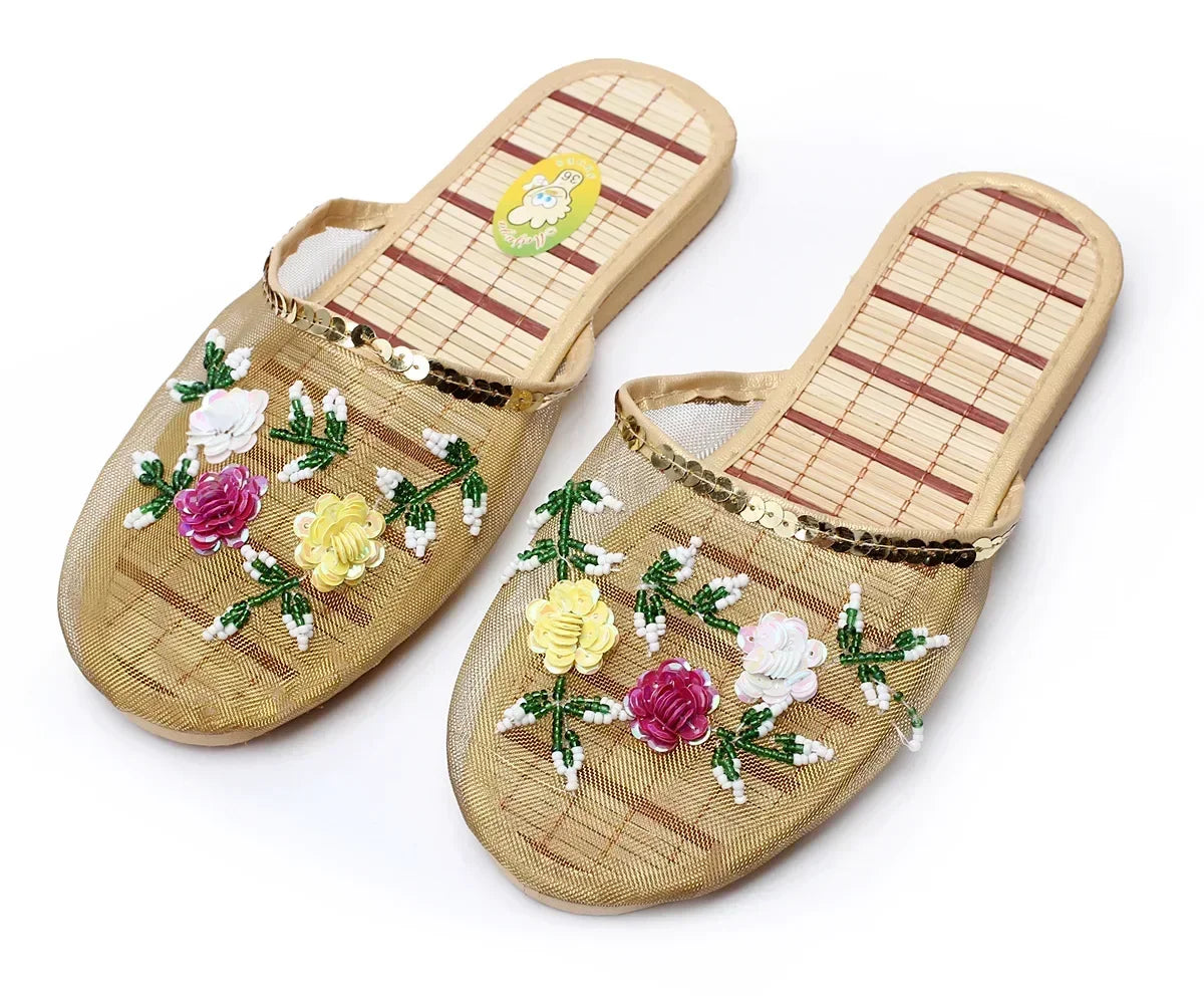 Women’s Sequin Mesh Indoor Slippers – Summer Hollow Flat Beach Flip Flops with Creative Flower Design